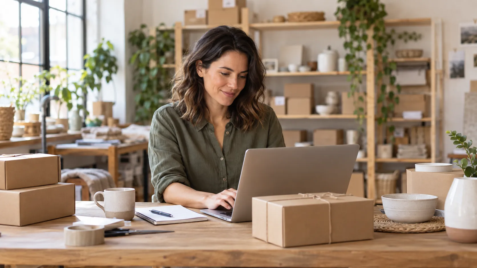 Online retail shop owner working at a laptop beside unbranded products and shipping boxes